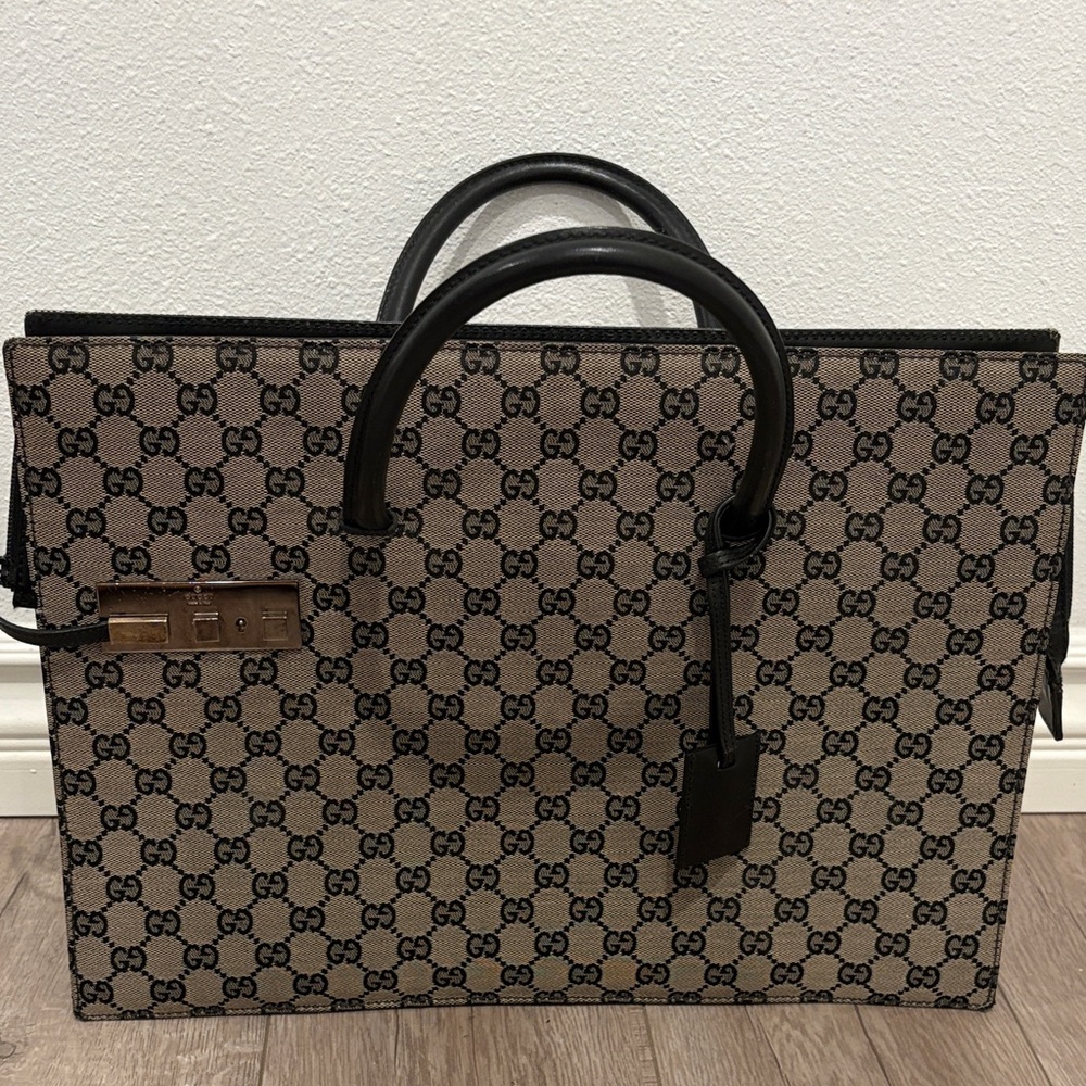 Gucci Beige and Black Monogram Handbag